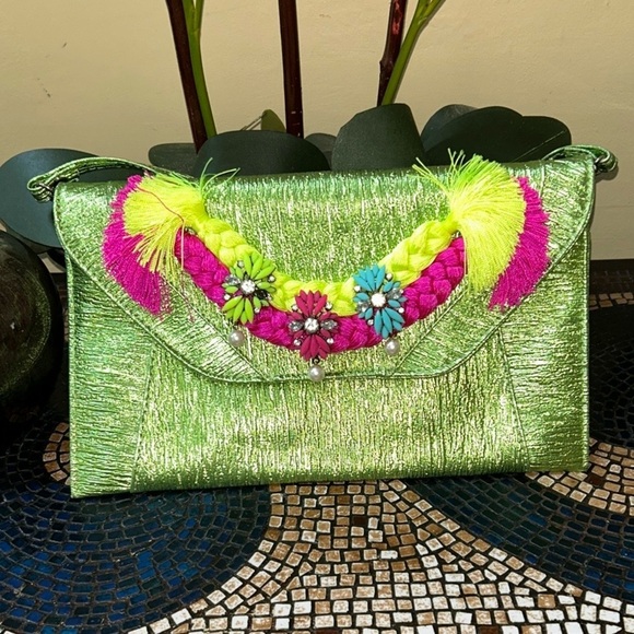 Iris Lane Handbags - Iris Lane Green and Pink Floral Rhinestone Embellished Women's Clutch Bag